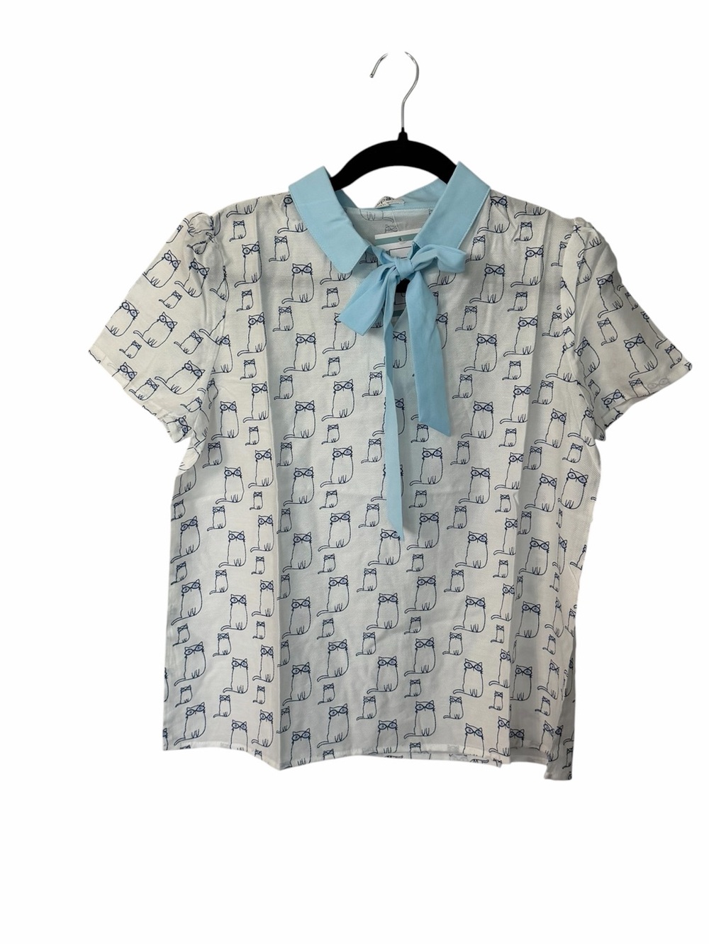 Tulip B Women’s Short Sleeve White & Blue Tie Neck Cat Design Blouse Sz S NWT